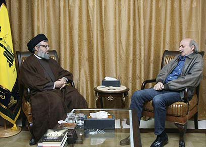 Walid Jumblatt with Hezbollah's Nasrallah (Photo: Reuters)