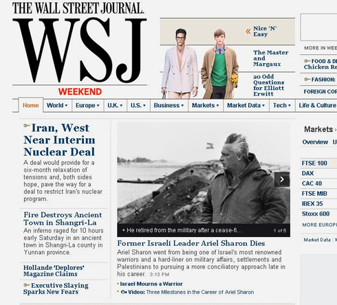 The Wall Street Journal, considered a fairly conservative newspaper, choose the title 'Israel mourns a warrior'