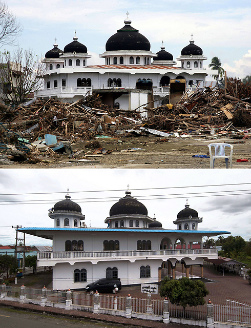 Mosque in Meulaboh seen in January 2004 and November 2014. (Photo: AFP)