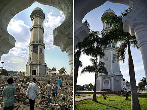 Banda Aceh's Baiturrahaman mosque in 2004 and 2014. (Photo: AFP)