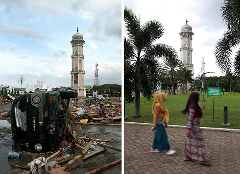 The Baitulrahman Mosque on December 26 2004, and a view of the same area on December 16 2014. (Photo: EPA)