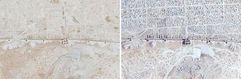 The ancient city Dura Europos near the village of Salhiye: On the left, Sept 2011, on the right, April 2014 (Photo: AFP / UNITAR-UNOSAT)