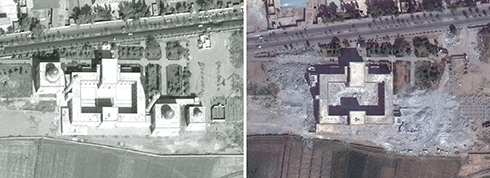 A temple in Raqqa: On the left, Oct 2011, on the right, Oct 2014 (Photo: AFP / UNITAR-UNOSAT)