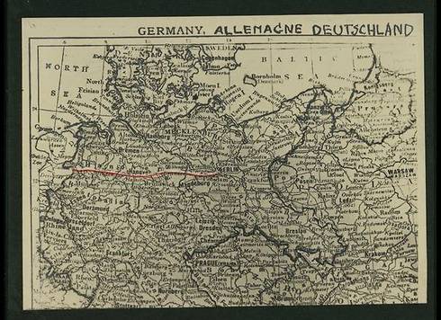 The route the photographer took (in red) from the border, through Hanover, to Berlin (Photo courtesy of the National Library)
