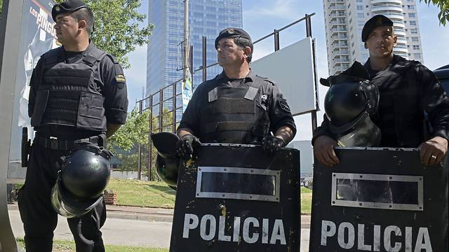Security forces stand guard near the Israeli embassy in Montevideo after a suspicious package was found in January (Photo: AFP) 