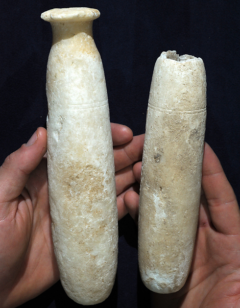 Alabaster bottles that were discovered in the cave (Photo: Clara Amit, IAA)