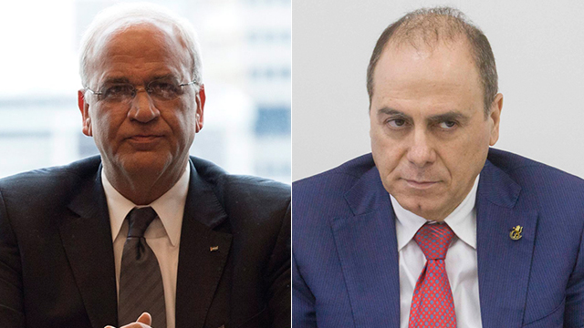 Saeb Erekat, left, and Silvan Shalom (Photos: EPA, Ido Erez)