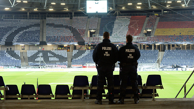 The evacuated stadium in Hanover, Germany. (Photo: EPA)