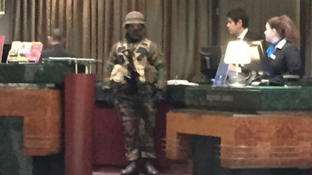 A Belgian soldier in the Radisson Blu hotel in Brussels.