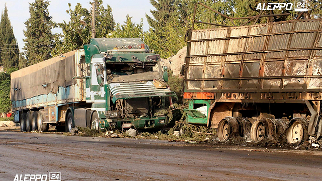 The hit humanitarian aid trucks near Aleppo, Syria (Photo: AP)