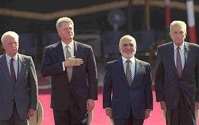 Left to right: Then-prime minister Yitzhak Rabin, then-US president Bill Clinton, then-Jordanian King Hussien (right) at the Peace Accord signing ceremony and then-Israeli president Ezer Weizman (Photo: GPO)