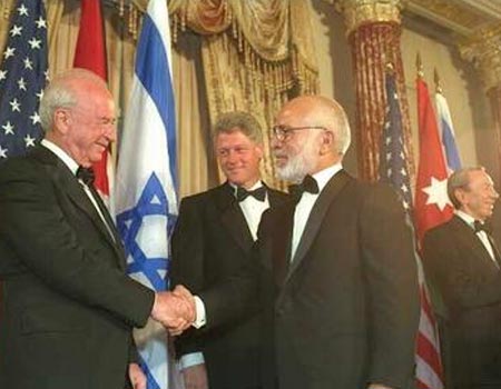 Rabin and Hussein shakes hands following the peace signing ceremony (Photo: GPO)