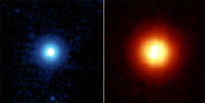 טבעת האבק סביב ווגה כפי שצולמה בטלסקופ החלל ע"ש שפיצר בשני אורכי גל בתחום התת-אדום  (צילום: נאס"א) (צילום: נאס