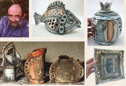 האמן ג'ורג' פטרוב (למעלה משמאל) ועבודות קרמיקה בעיצובו, כולל פמוט דג שקים אדרי הביאה כמתנה הלאומית של ישראל ()