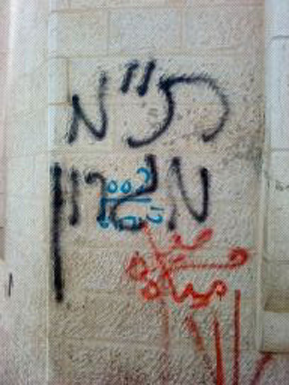 כתובת הגרפיטי שרוססה על המסגד בכפר יתמא (צילום: בצלם) (צילום: בצלם)