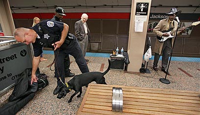 חשש מפני מתקפת טרור ב-11 בספטמבר. שוטרים וכלבים סורקים תחנת רכבת תחתית (צילום: AP) (צילום: AP)