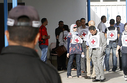 העברת האסירים הפלסטינים לידי הצלב האדום (צילום: AFP) (צילום: AFP)