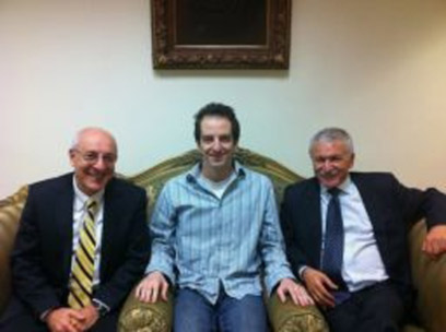 Grapel (M) with Yitzhak Molcho (L) and MK Hasson (R)