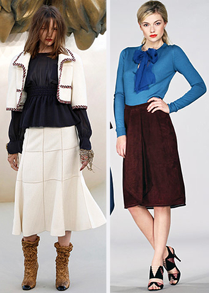 מימין: קלוש בחום כהה, פנדי. משמאל: חצאית קלוש מלא בהדפס גיאומטרי. שאנל ()