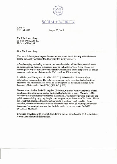 מכתב דחייה שקיבל ג'ון מהביטוח הלאומי האמריקני ()