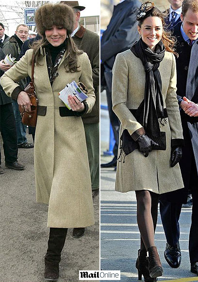 קייט מידלטון מודל 2006, עם שטריימל ומעיל של הוקר (משמאל) - ובז'קט בווריאציה על אותו מעיל חסידי, לפני כמה ימים (מתוך ה"דיילי מייל") ()