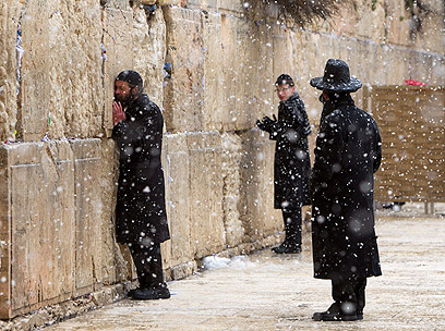 מתפללים בכותל המערבי על רקע השלג. ירושלים, היום (צילום: EPA) (צילום: EPA)