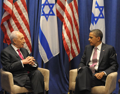 Peres, Obama at AIPAC conference (Photo: Moshe Milner, GPO)