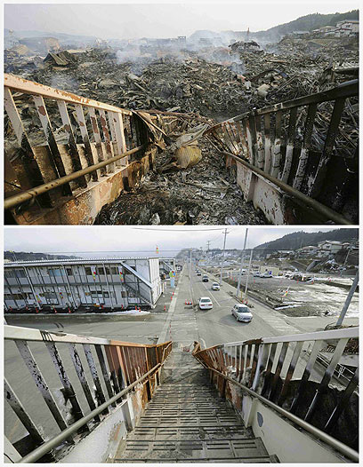 הריסות הצונאמי במיאגי, בימי האסון ושנה אחרי (צילום: REUTERS/Kyodo) (צילום: REUTERS/Kyodo)