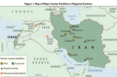 מפת הכורים הגרעיניים באיראן. גבול אזרבייג'ן מצפון-מערב ()