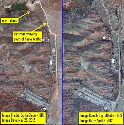 בסיס פרצ'ין. 9 באפריל (ימין) מול 25 במאי (צילום: DigitalGlobe-ISIS) (צילום: DigitalGlobe-ISIS)
