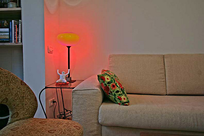 הספה והכורסא המקורית של הדירה, כרית צבעונית ומנורה מהסיקסטיז, תורמים למראה הוינטג'י החם של הבית (צילום: יובל הורוביץ) (צילום: יובל הורוביץ)