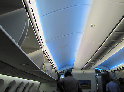 התאורה במטוס בצבעים כחולים וסגולים שמשרים אווירה נינוחה (צילום: דני שדה) (צילום: דני שדה)