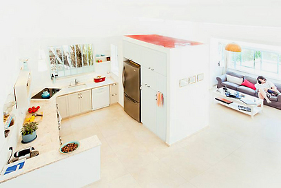 המטבח. חלקה העליון של המחיצה חופה באריחי קרמיקה אדומים (צילום: שרון קנה) (צילום: שרון קנה)