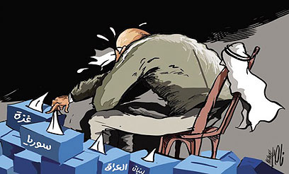 קריקטורה אחרי עמוד ענן ב"א-רד" הירדני. על קופסאות הטישו כתוב "עזה", "סוריה" ()