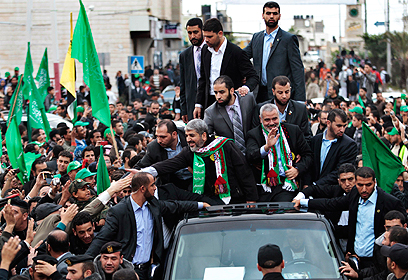 Hamas leaders during Saturday's rally in Gaza (Photo: Reuters)