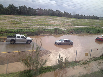 הצפה בכביש בין נתניה לתל אביב (צילום: אריה דנציג) (צילום: אריה דנציג)