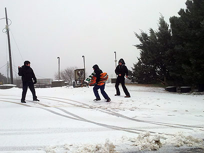 משתעשעים בשלג בקיבוץ סאסא (צילום: אחיה ראב"ד) (צילום: אחיה ראב