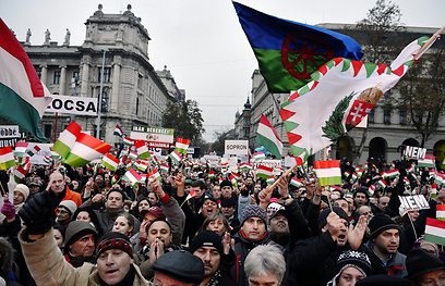 דגל צועני מונף בהפגנה נגד אנטישמיות בהונגריה (צילום: EPA) (צילום: EPA)