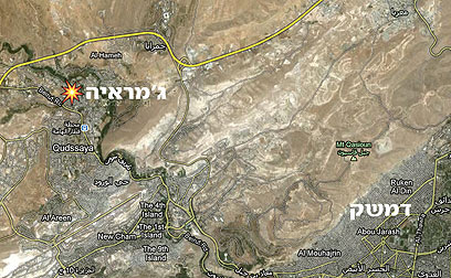 אזור "התקיפה הישראלית", לפי ההודעה הסורית (מפה: Google Maps) (מפה: Google Maps)