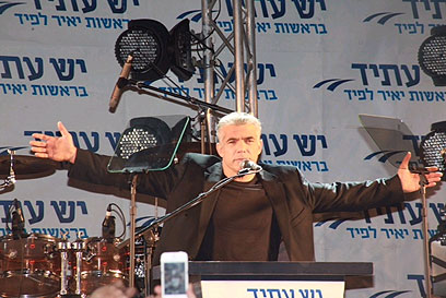 FEBRUARY 2: Yair Lapid celebrates his Yesh Atid party's massive success in the general election (Photo: Motti Kimchi) (Photo: Motti Kimchi)