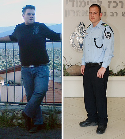 אמיר טנוס לפני הדיאטה (משמאל) ואחריה במדי המשטרה. "החלטתי להילחם על זכותי שירות במשטרה" (צילום: גלי עדי, משטרת ישראל) (צילום: גלי עדי, משטרת ישראל)