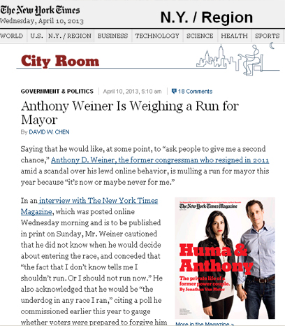 האשה תומכת ומסייעת בקמפיין. וינר ורעייתו על שער "ניו יורק טיימס מגזין" ()