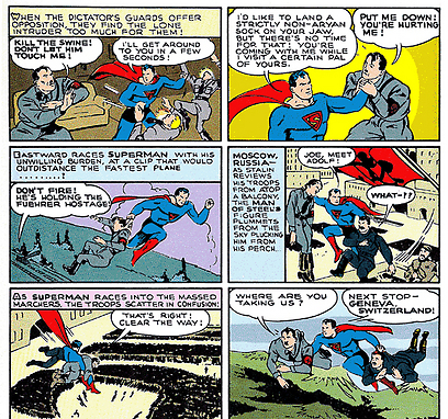 סופרמן מביא את היטלר וסטלין למשפט בז'נבה (מתוך מגזין Look מ-1940) (צילום: מתוך הקומיקס) (צילום: מתוך הקומיקס)
