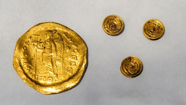 מטבע הזהב ותכשיטי הזהב שנמצאו באפולוניה (צילום: יניב ברמן) (צילום: יניב ברמן)