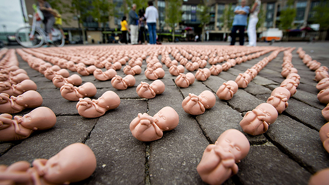 הארגון השמרני ההולנדי "צעקה לחיים" הציב מאות בובות פלסטיק של עוברים בעיר הוטן במחאה על הקמת מרכז למניעת ילודה ולביצוע הפלות בעיר (צילום: AFP) (צילום: AFP)