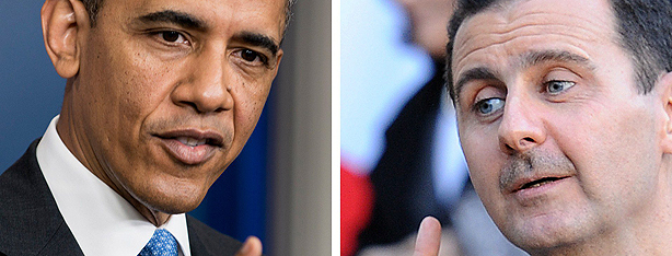 נשיא סוריה מבצע לוחמה פסיכולוגית במקבילו האמריקני? אסד ואובמה (צילום: AFP)