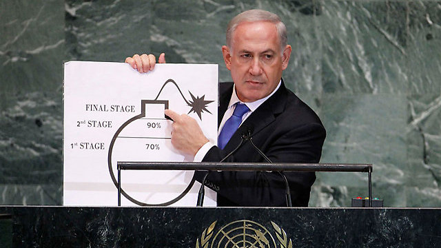 Prime Minister Benjamin Netanyahu presents the 'red line' before the UN General Assembly in 2012 (Photo: Reuters)