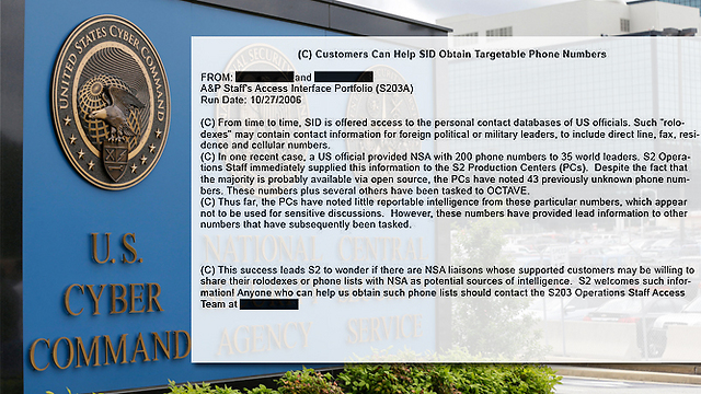 המסמך המעיד על האזנה ל-35 מנהיגים. ברקע: מטה ה-NSA            (צילום: AP) (צילום: AP)