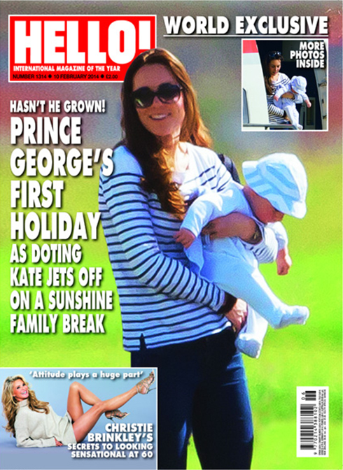 נינוחה ומאושרת עם הבן בבגדים לא רשמיים. קייט והנסיך ג'ורג' על שער המגזין "הלו!" ()
