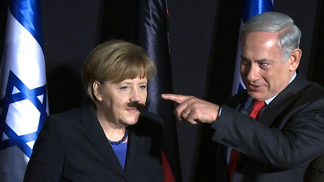 Prime Minister Netanyahu casts an unfortunate shadow on German Chancellor Merkel (Photo: AFP)